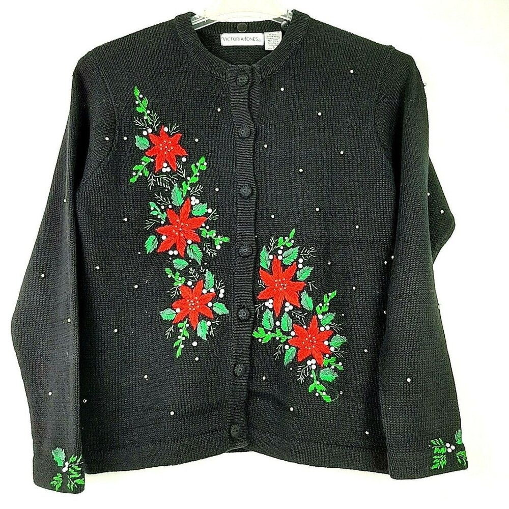 Womens Christmas Cardigan Vtg Victoria Jones Sweater Small Black Poinsettia